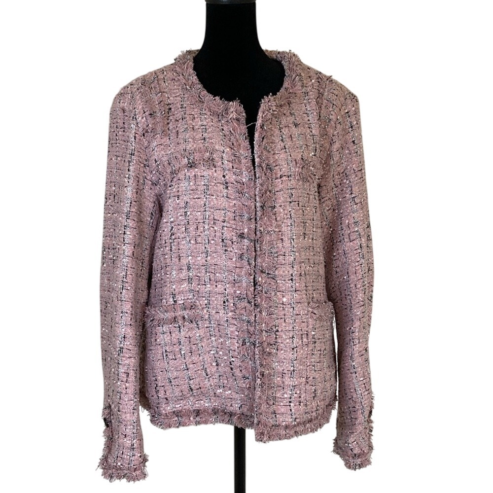 Ebossy Womens Pink Tweed Open Front Blazer Size 14‎ Classic Career Feminine